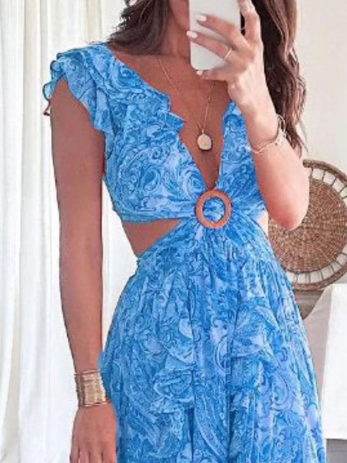 Ruffled cutout V neck maxi dress side view