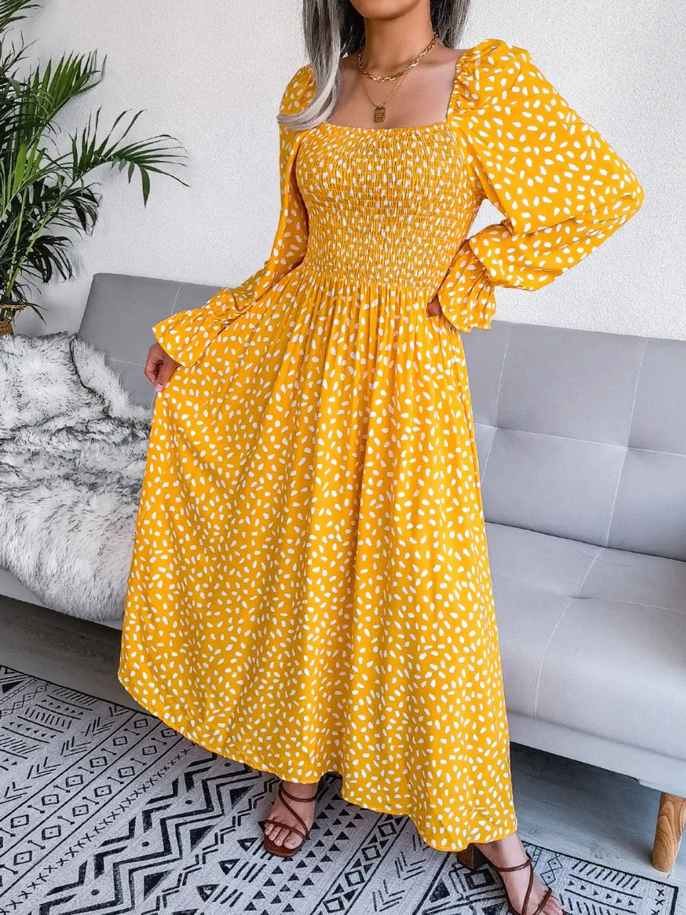 Smocked square neck flounce sleeve dress three quarter view