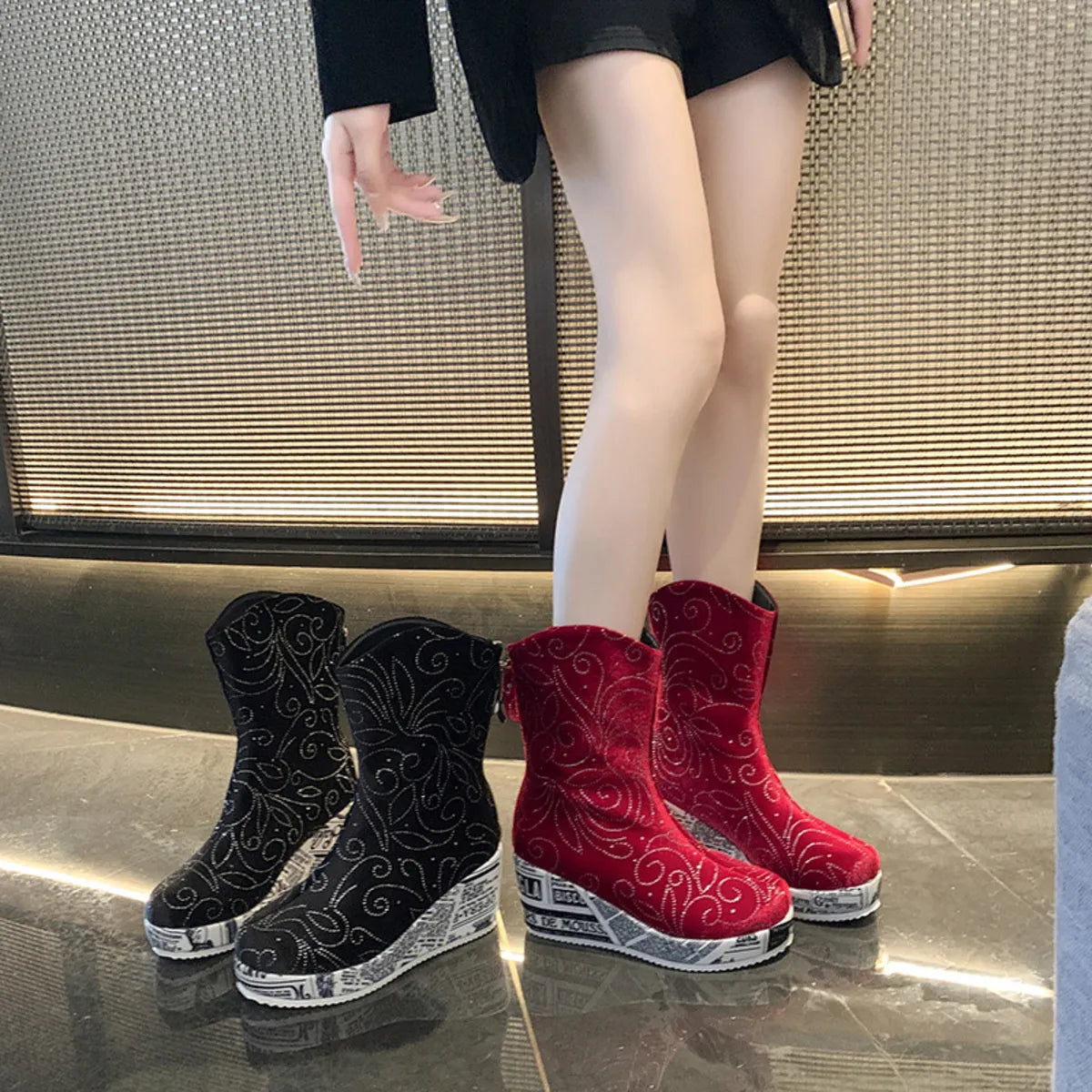 Round toe platform wedge boots front view