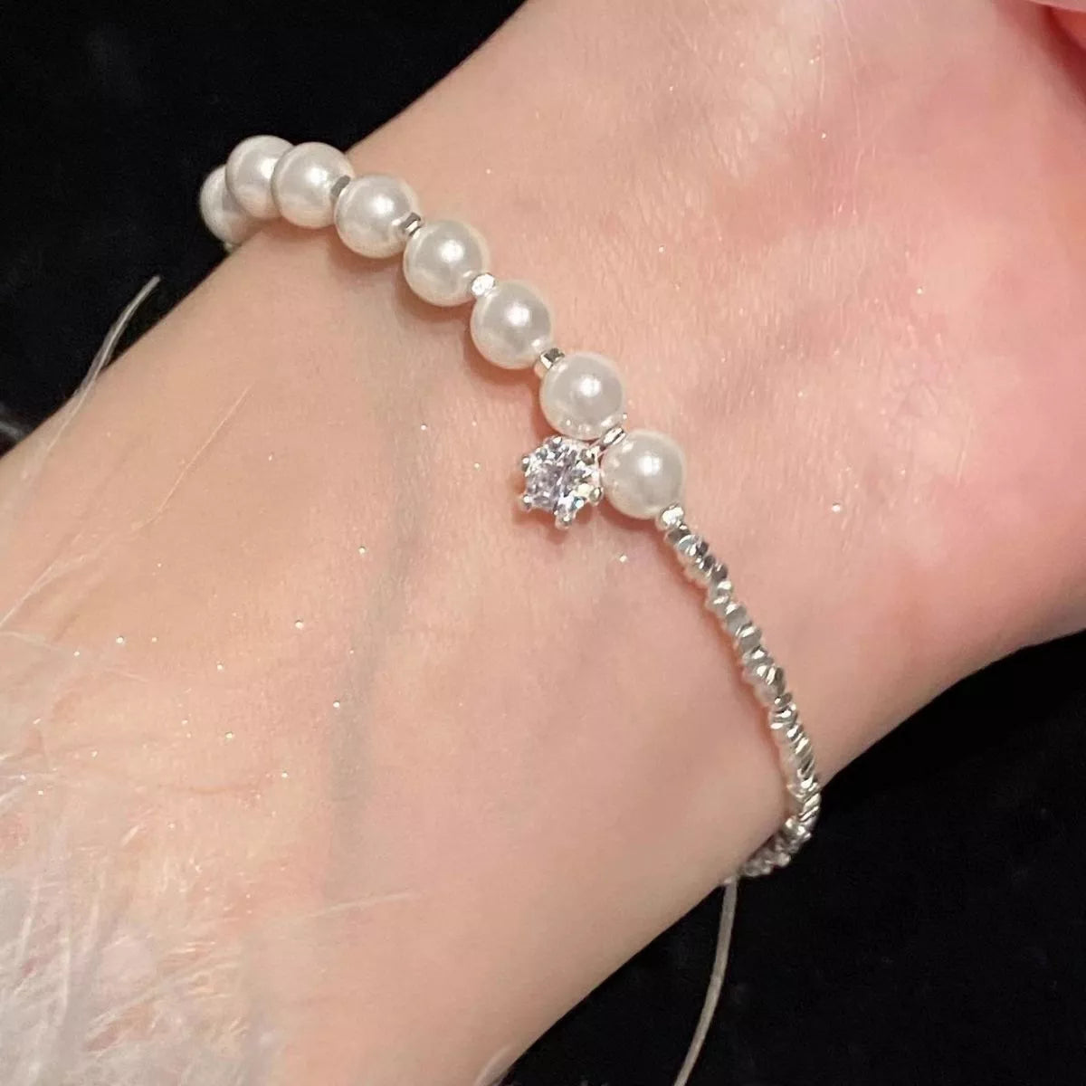 Sterling silver pearl bracelet side view