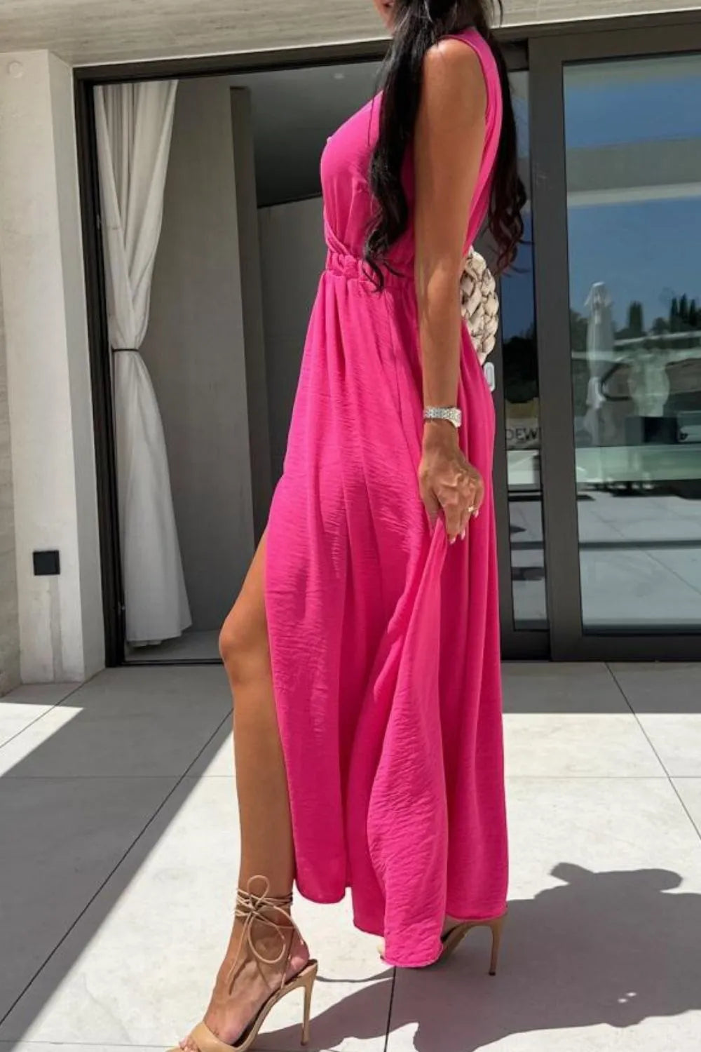 sleeveless surplice wrap maxi dress with leg slit side view