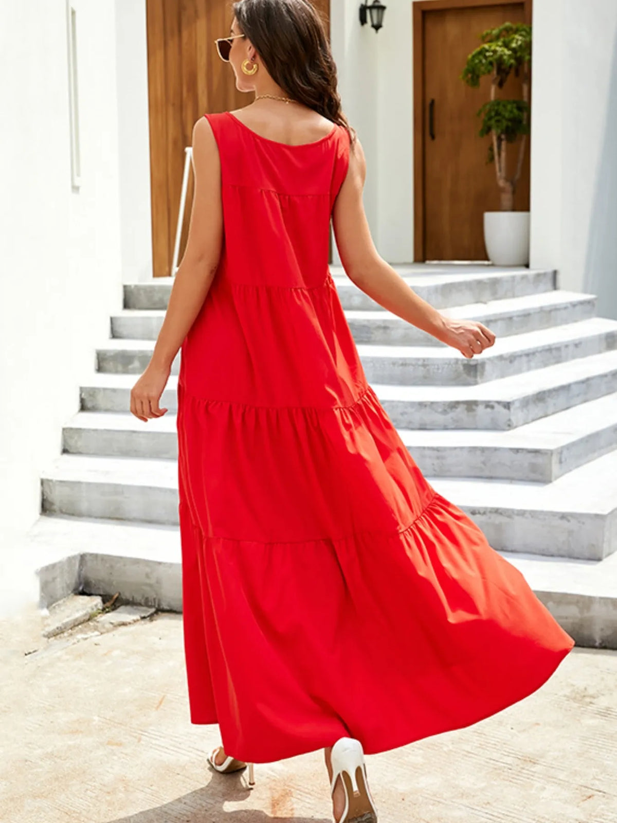 Sleeveless tiered maxi tank dress back view