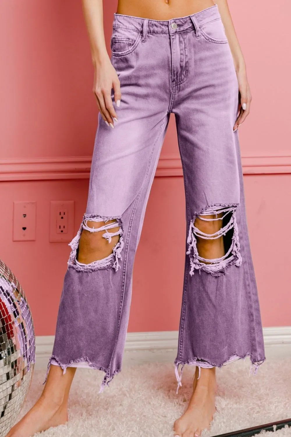 BiBi Distressed Vintage Washed Wide Leg Pants VINTAGE LAVENDER - Fashorio