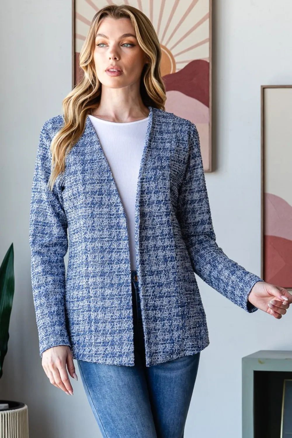 Heimish Full Size Houndstooth Tweed Open Front Blazer - Fashorio