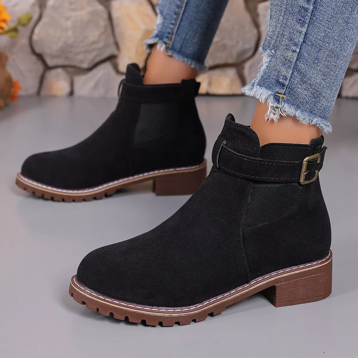 Round toe block heel boots top styling detail