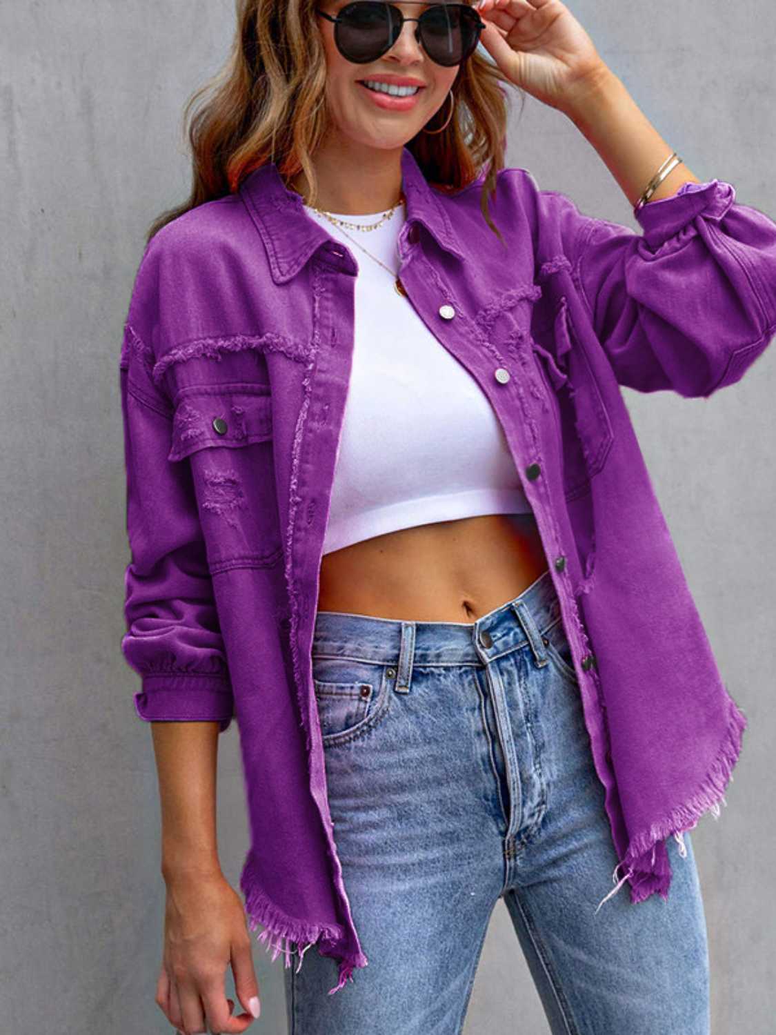 Distressed Drop Shoulder Denim Jacket - Fashorio
