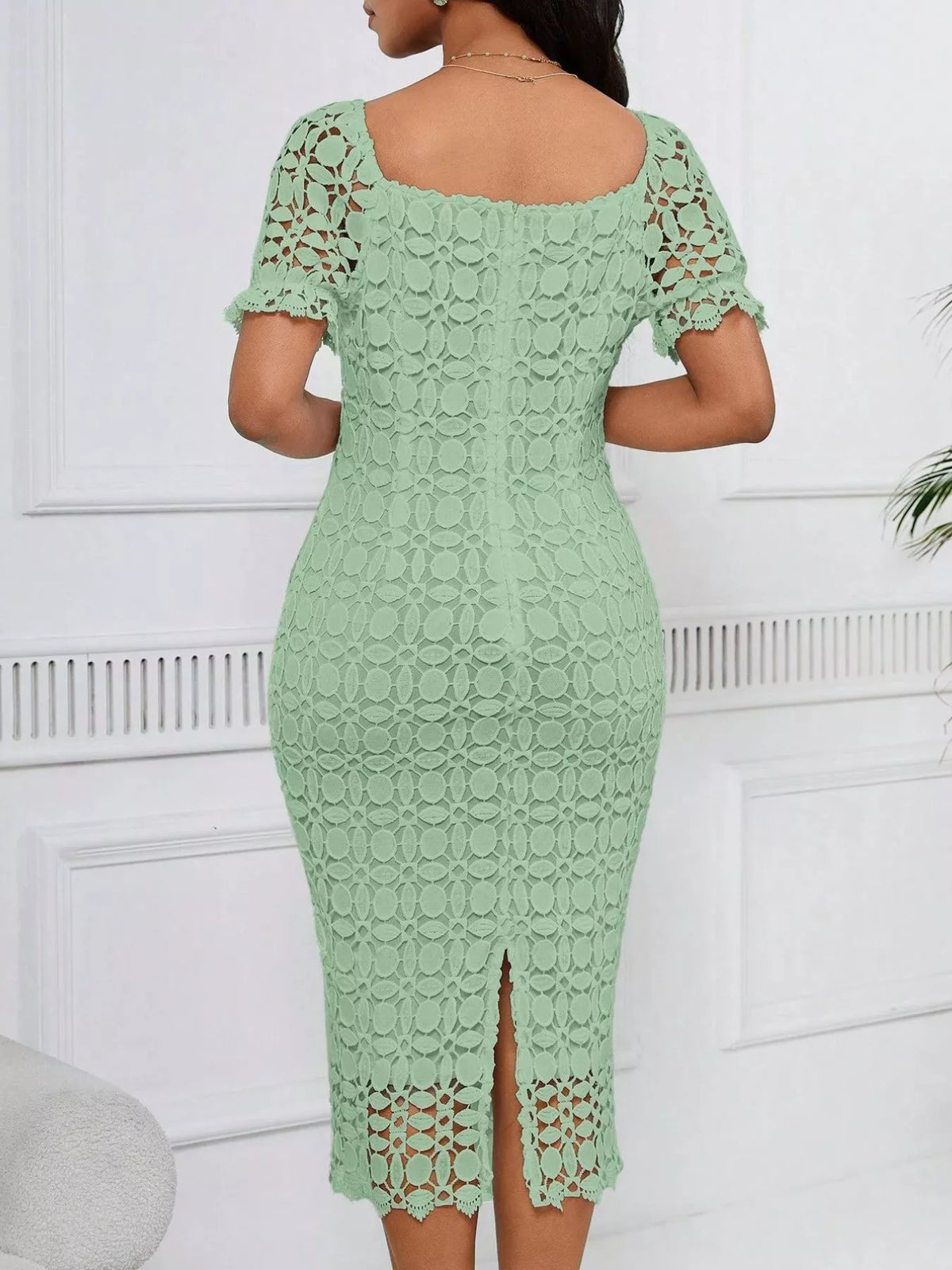 lace short sleeve midi dress front styled