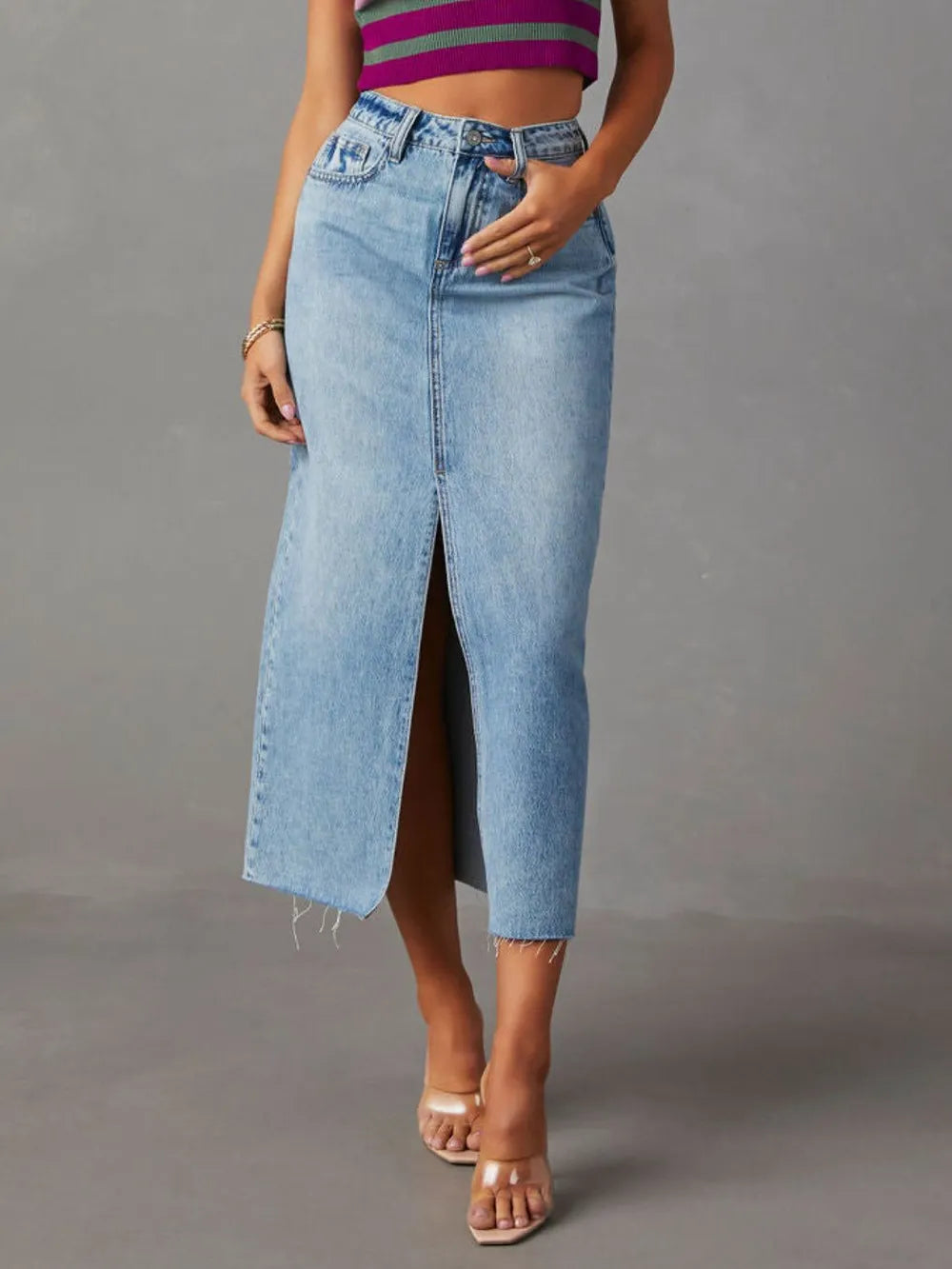 Raw hem front slit denim midi skirt front view