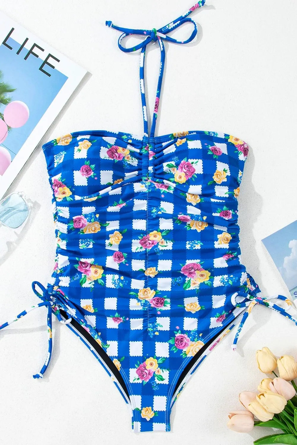 Floral Gingham Halter Neck Drawstring One Piece Swimwear - Fashorio