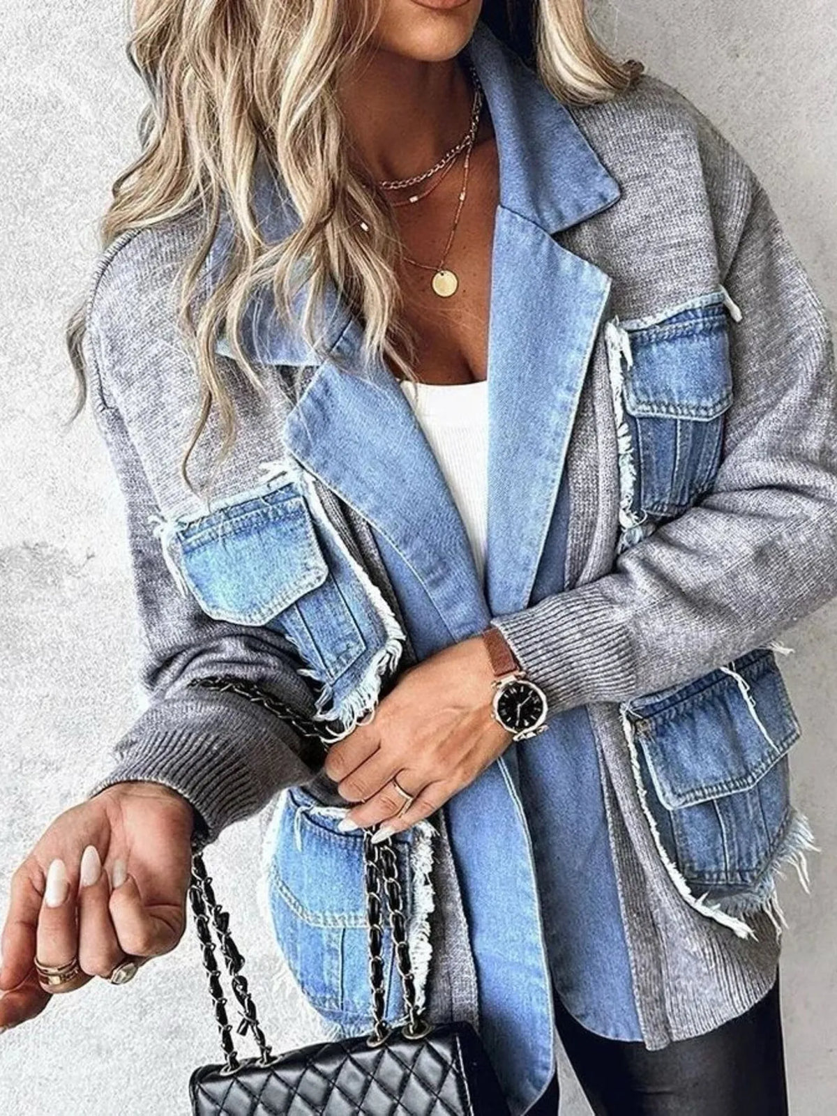raw hem patchwork pocket cardigan front view