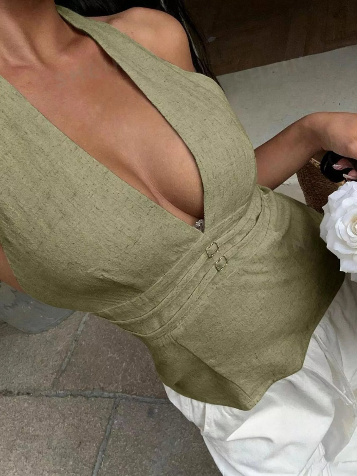 Moss green halter neck buckle tank styled on model