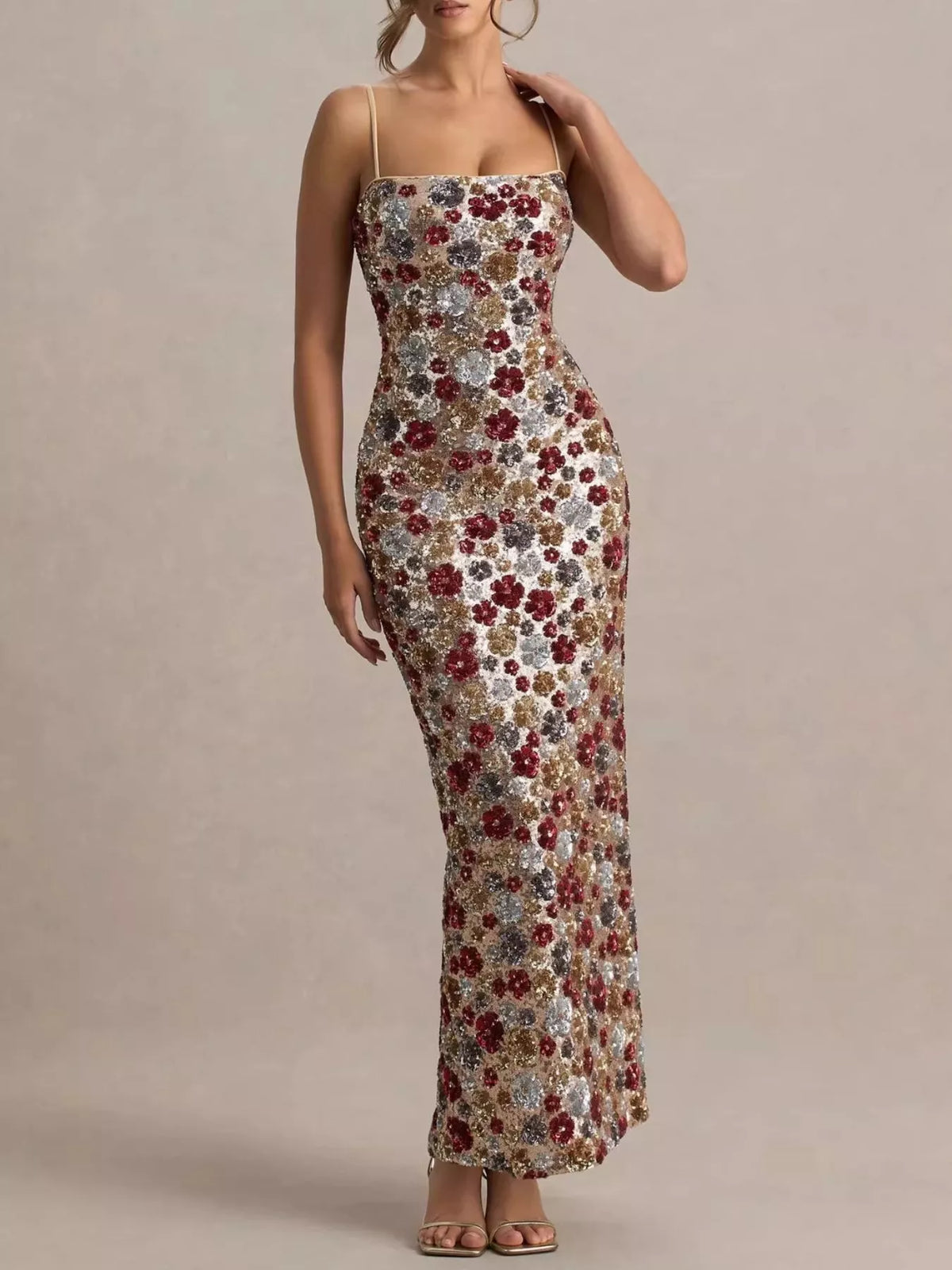 floral sequin bodycon maxi dress in multicolor front view