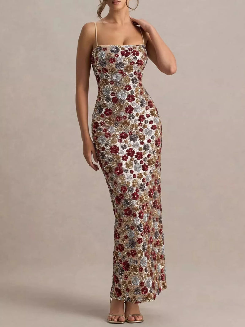 floral sequin bodycon maxi dress in multicolor front view