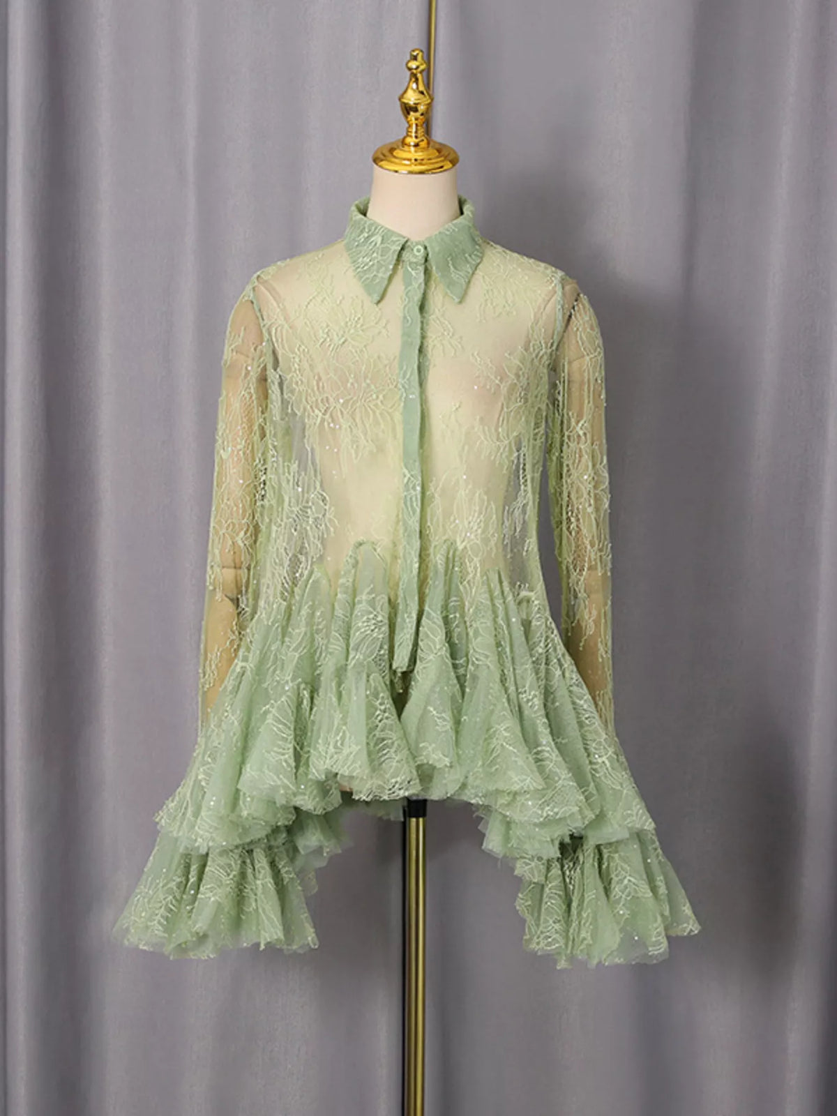 ruffled hem lace long sleeve dress back view
