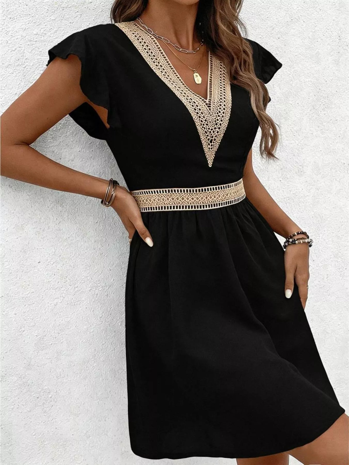 V neck ruffle sleeve mini dress, full length view