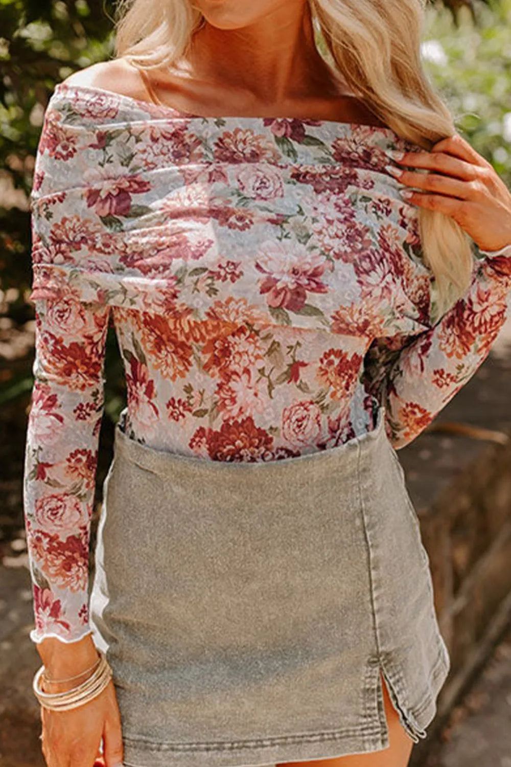 Floral Off-Shoulder Long Sleeve Bodysuit - Fashorio