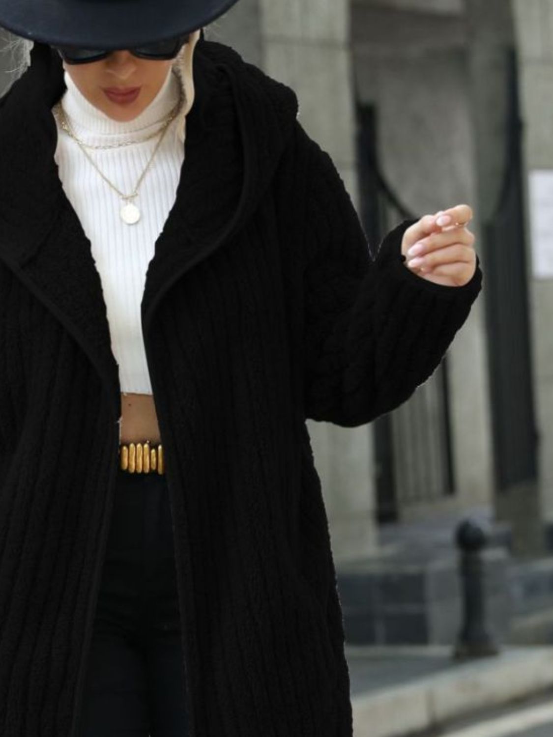 Open Front Ribbed Hooded Coat - Fashorio