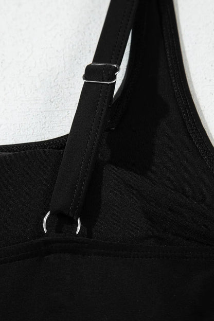 Side Tied Waist Square Neck Adjustable Straps A-line One Piece Swim Dress - Fashorio