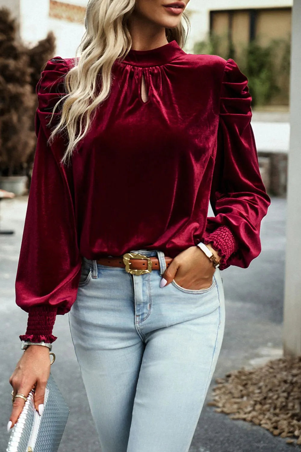 Tie Up Mock Neck Velvet Fabric Long Sleeve Blouse - Fashorio