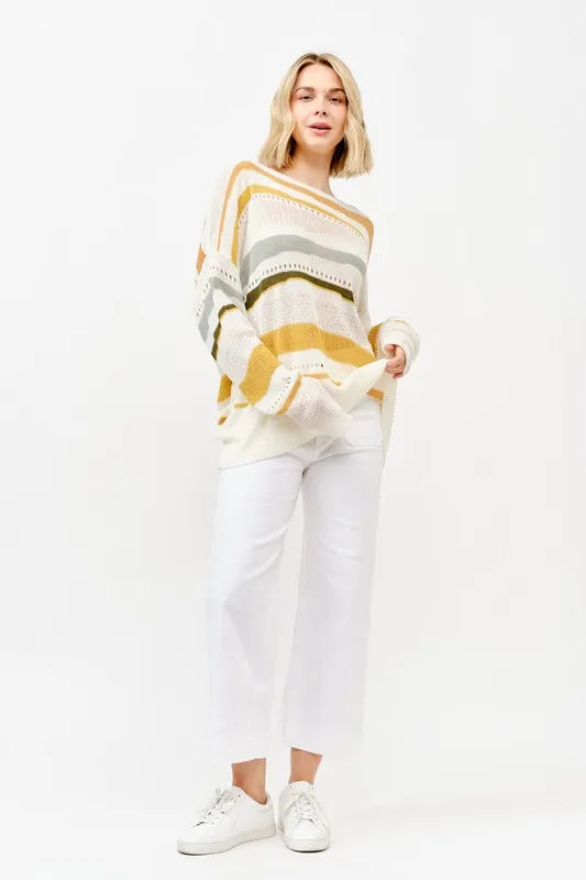 Abstract Stripe Lightweight Loose Sweater in Multi Color close up