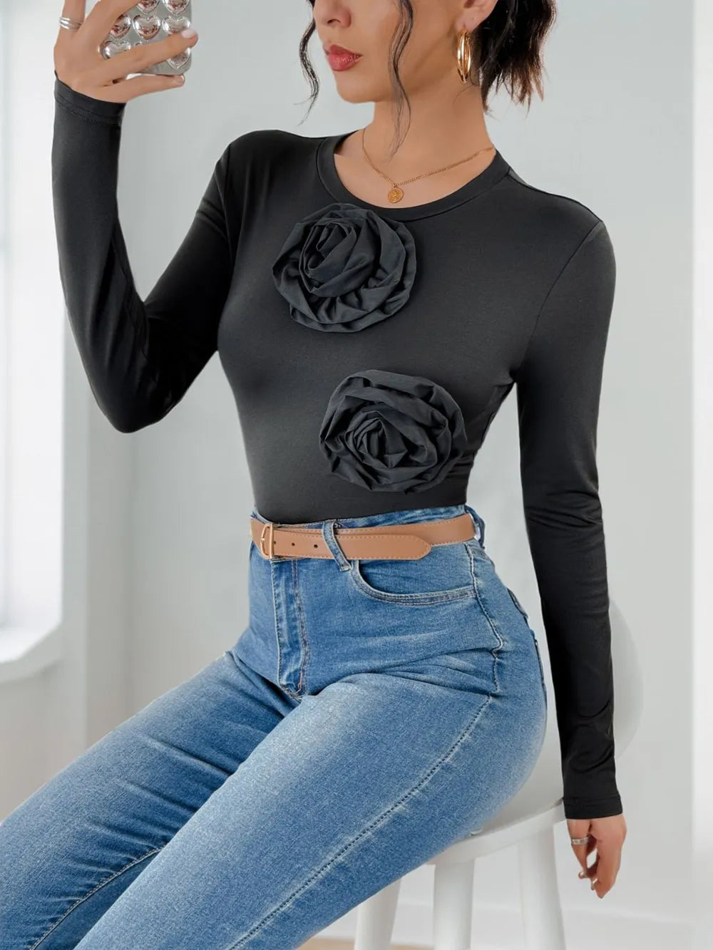 Perfee Flower Round Neck Long Sleeve Bodysuit - Fashorio