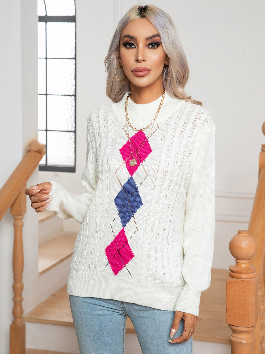 Openwork Geometric Mock Neck Sweater - Fashorio