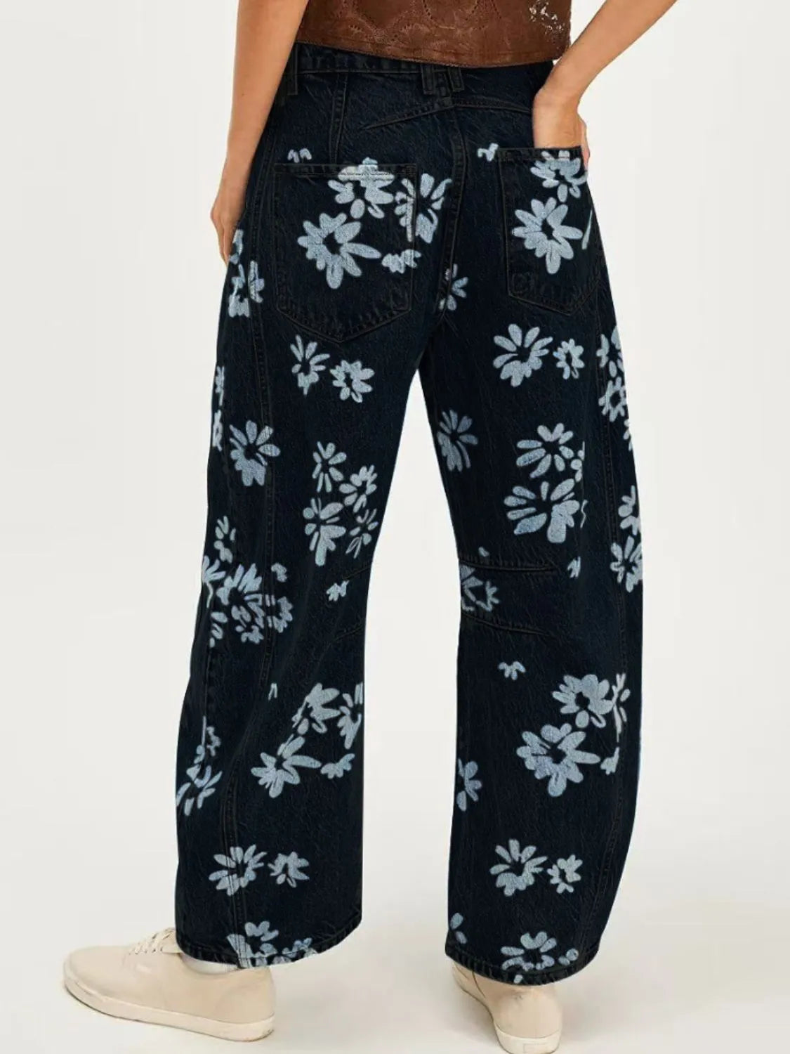 Printed wide leg jeans styled full length