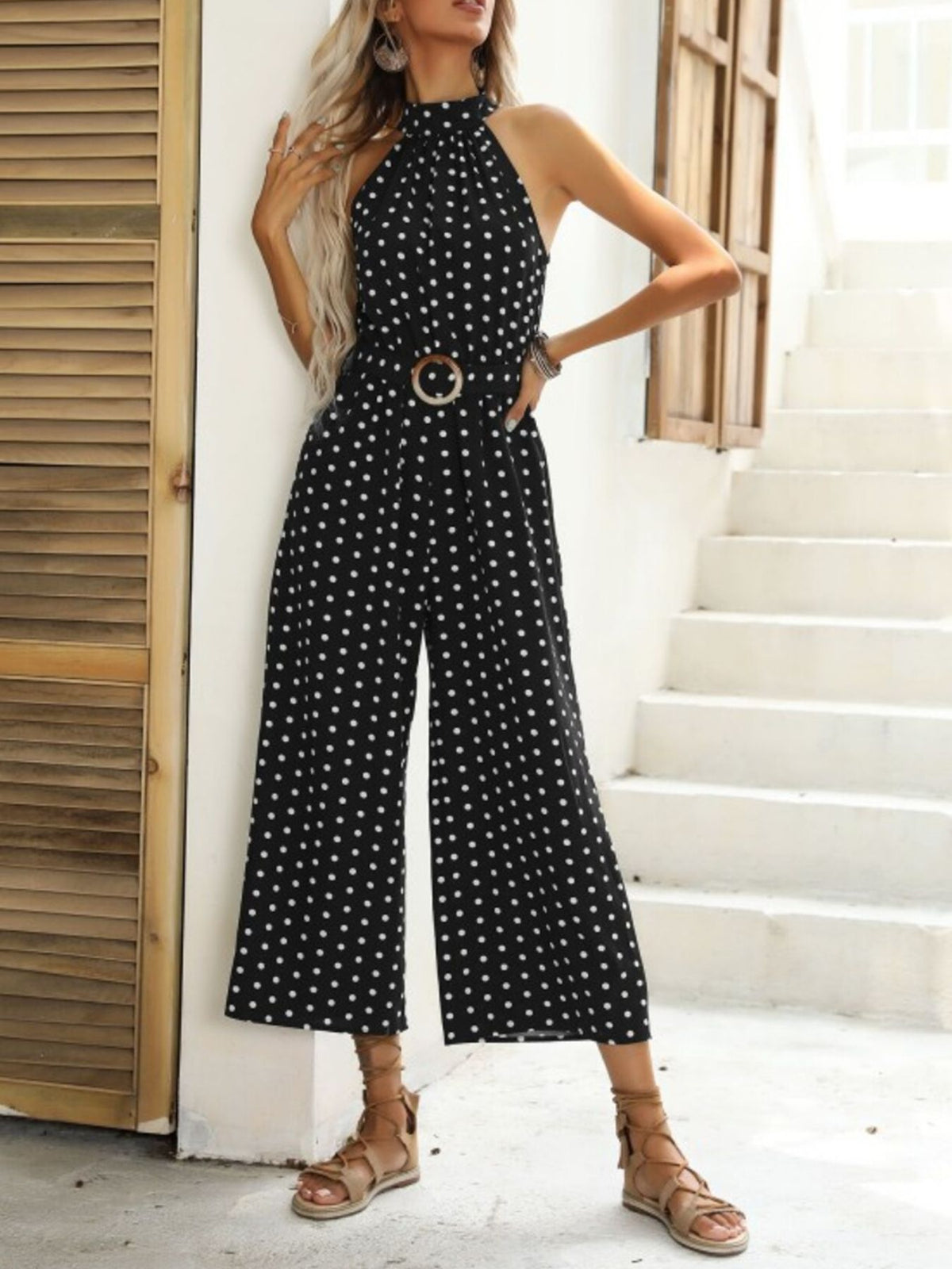 Polka dot halter neck wide leg jumpsuit, full front view