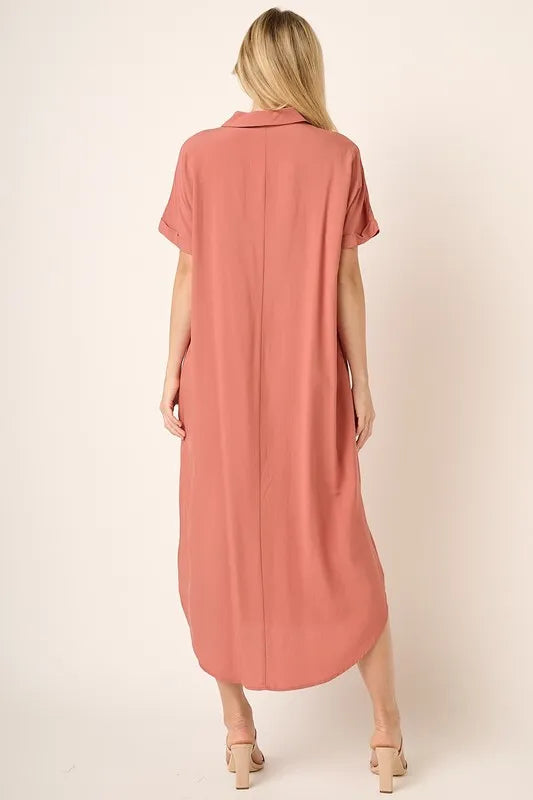 Collared Neck Dolman Short Sleeve Midi Shirt Dress back view