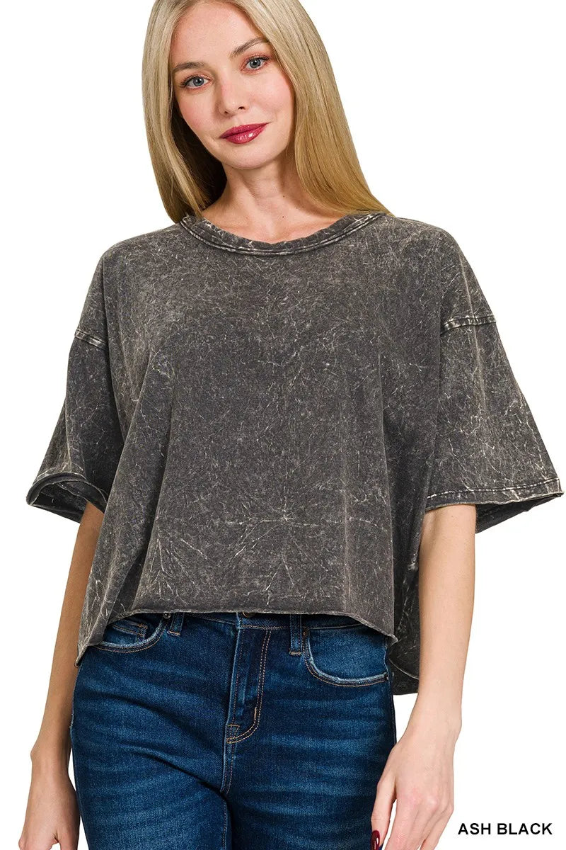 Zenana Acid Crinkle-Washed Oversized T-Shirt ASH BLACK - Fashorio