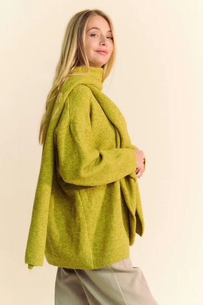 Davi & Dani V-Neck Dropped Shoulder Sweater with Scarf - Fashorio