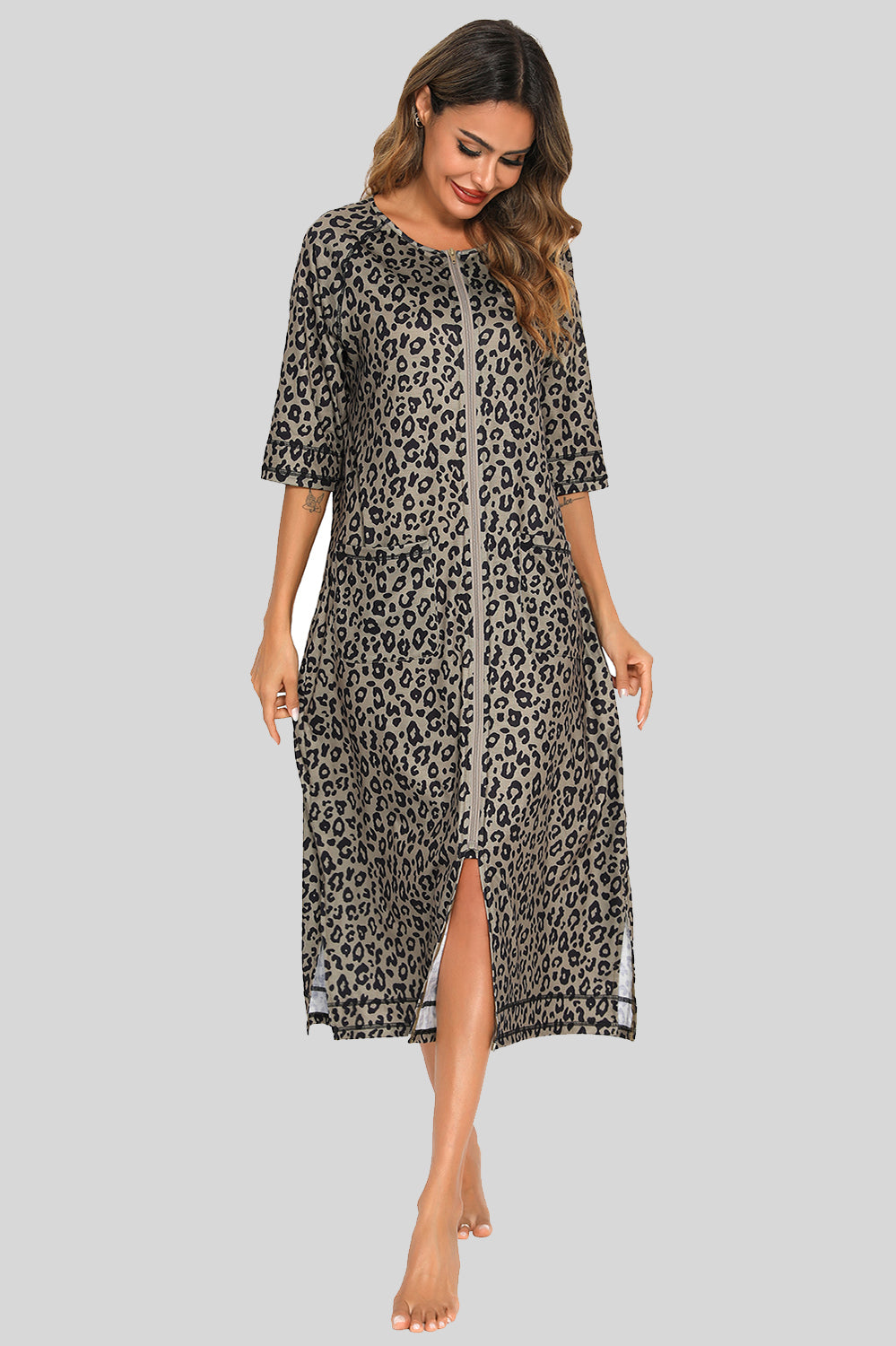 Printed Slit Night Dress with Pockets Leopard - Fashorio