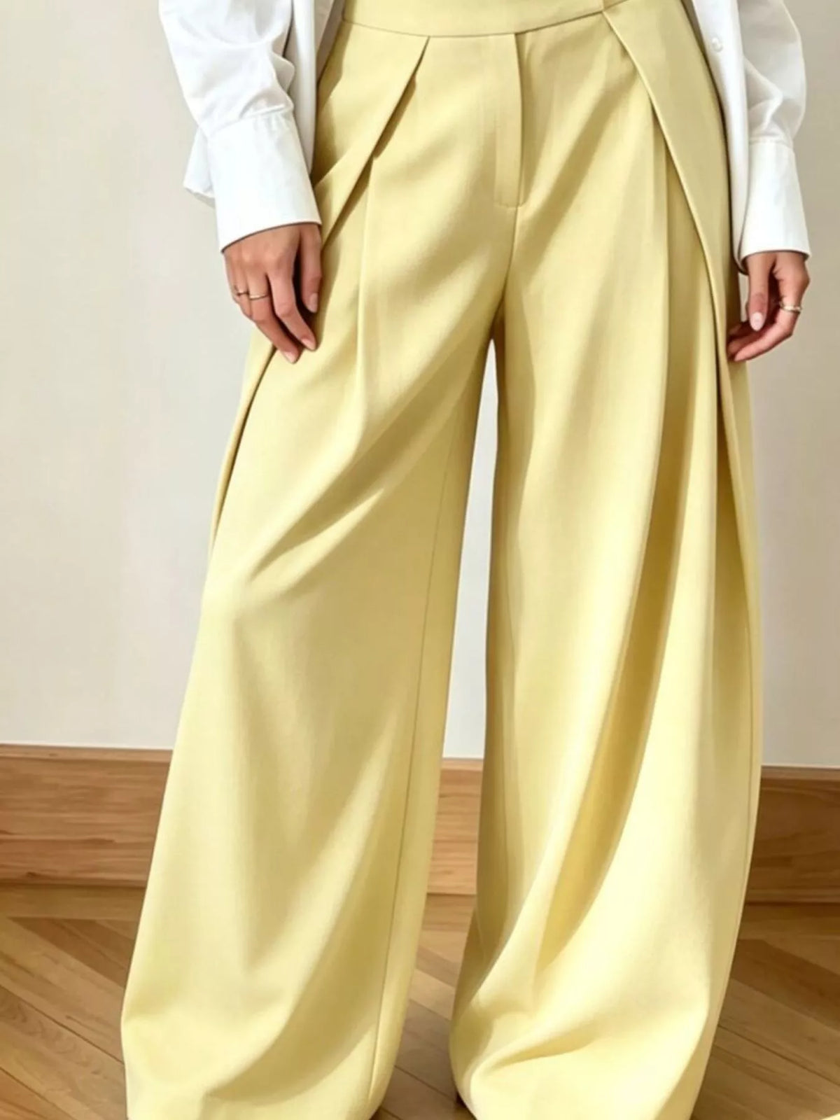 Hem and full leg length of the wide leg trousers