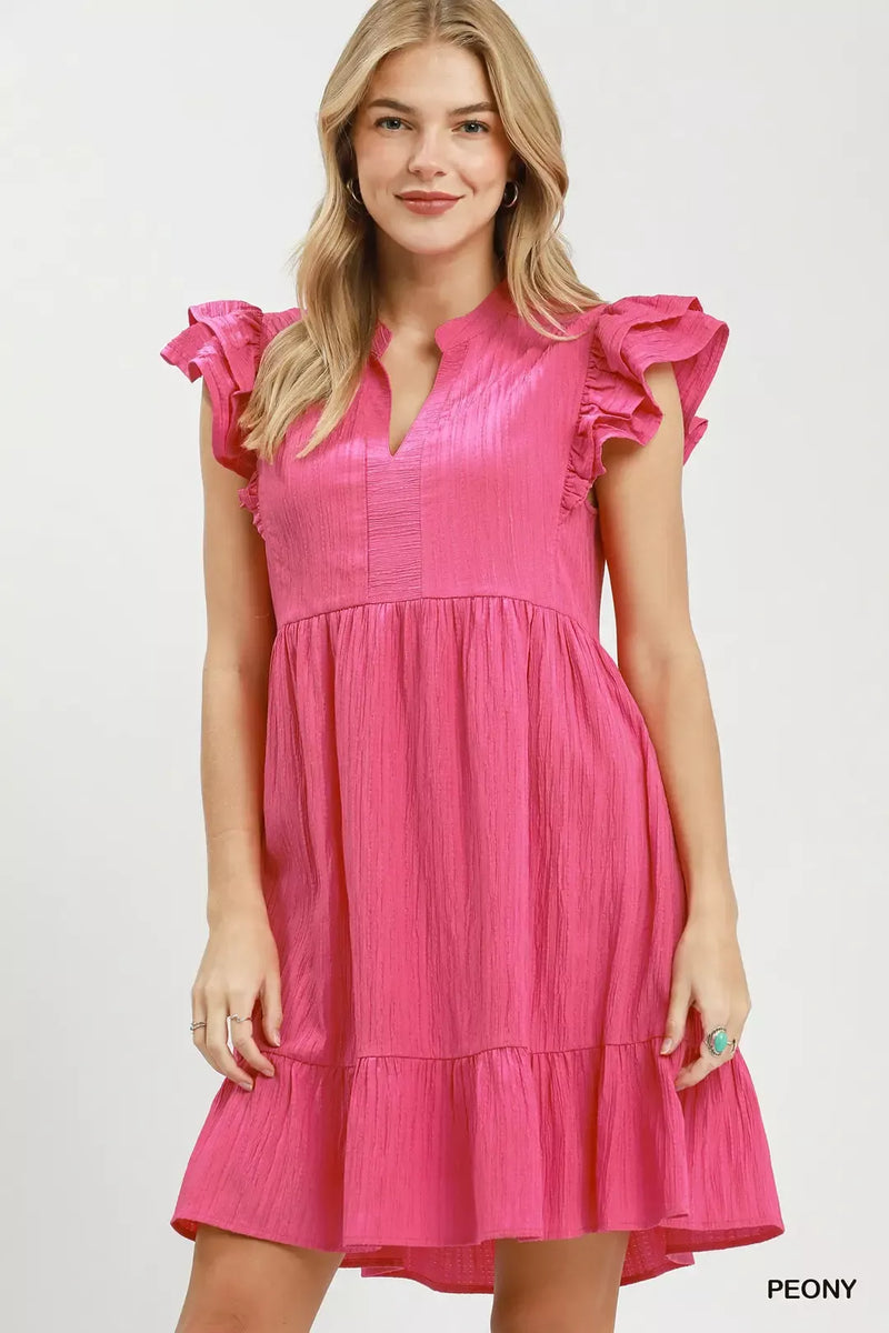 Umgee ruffle sleeve babydoll dress in peony front view