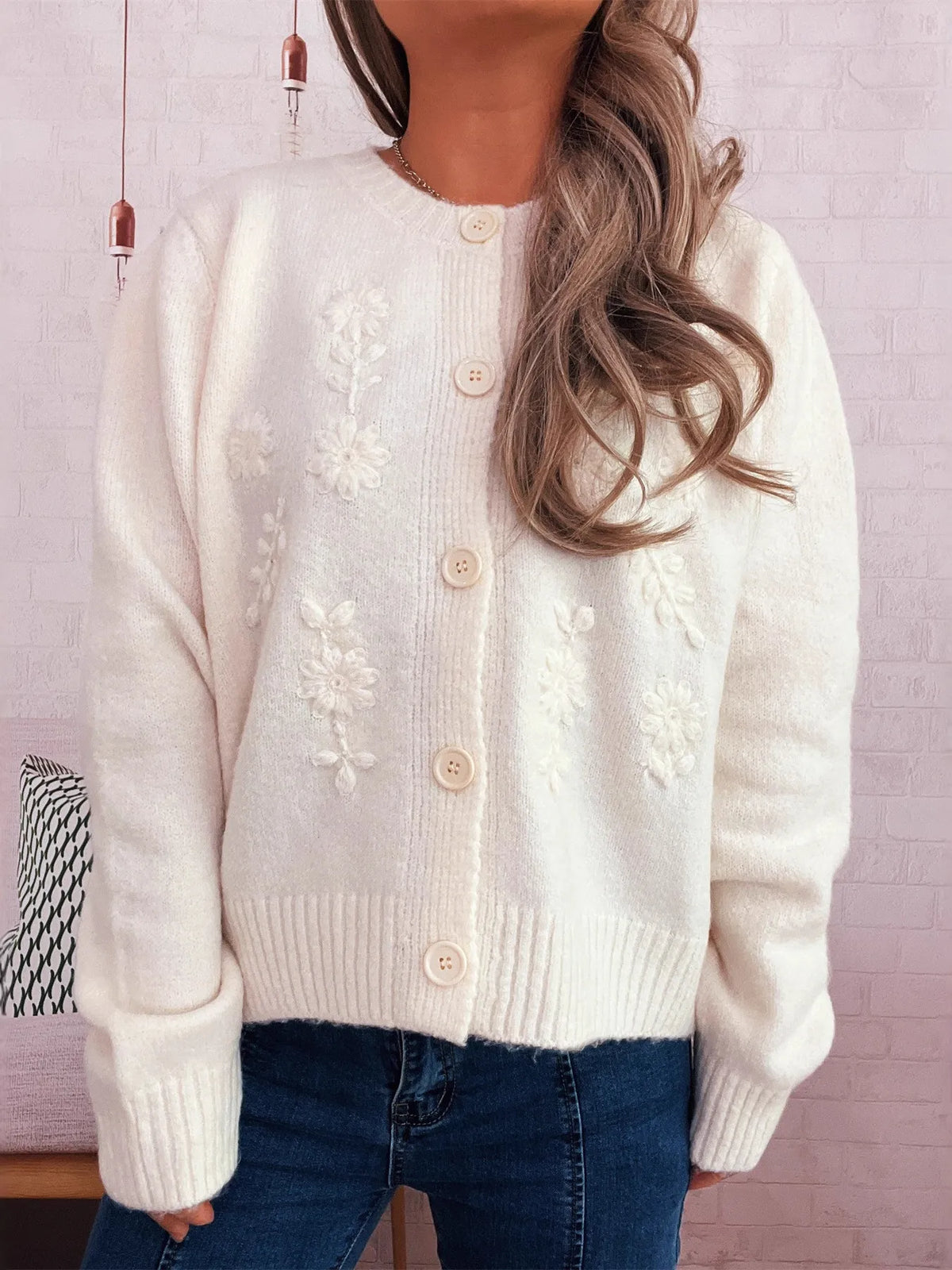 floral embroidered button up ribbed cardigan back view