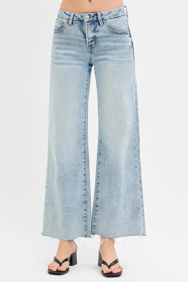 RISEN Full Size Tummy Control Low Rise Wide Leg Raw Cut Hem Jeans Plus Size - Fashorio