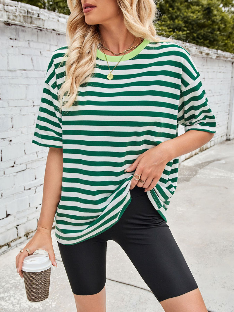 Striped round neck half sleeve tee in dark green, front view
