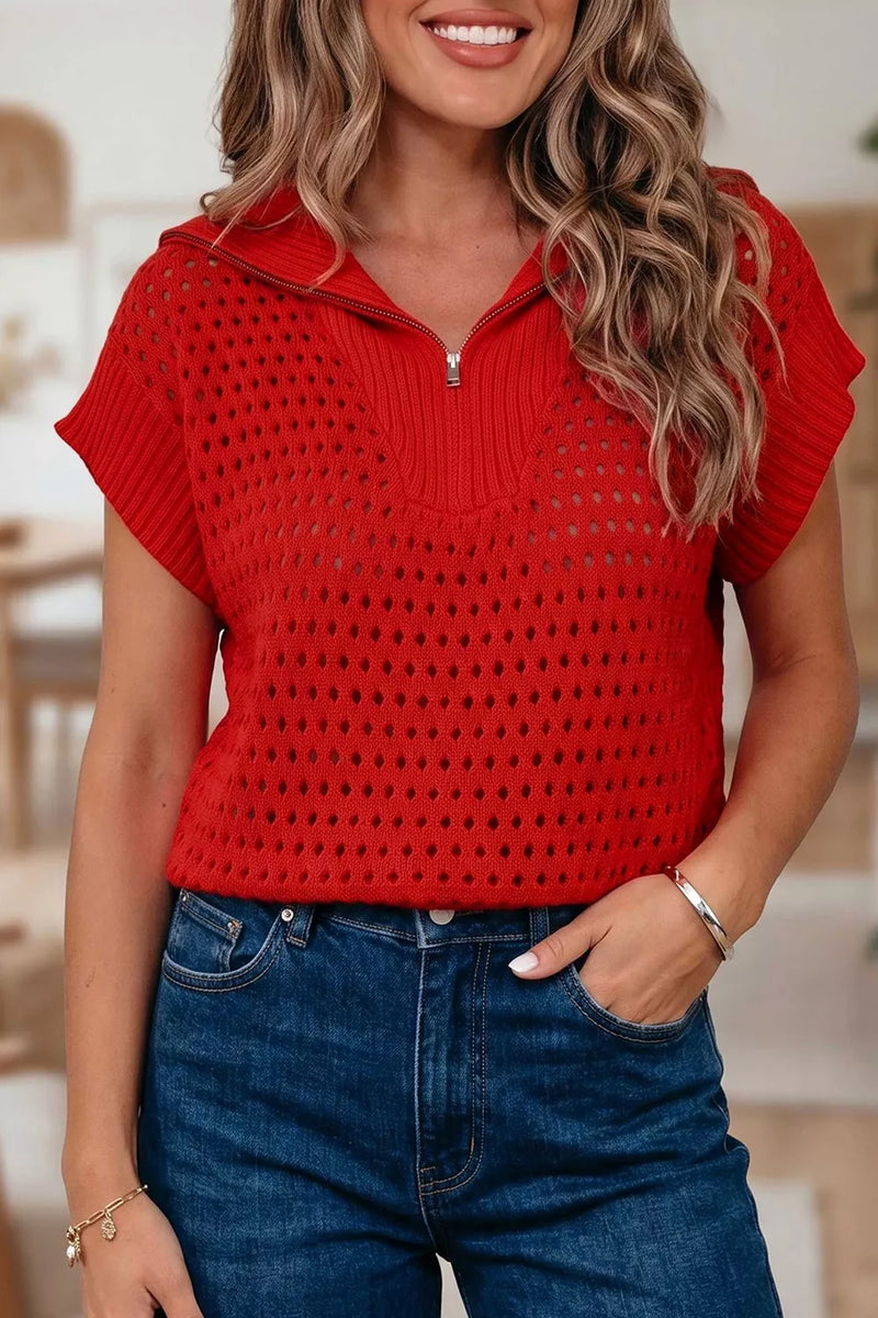 Openwork quarter zip knit top in scarlet shown on a model