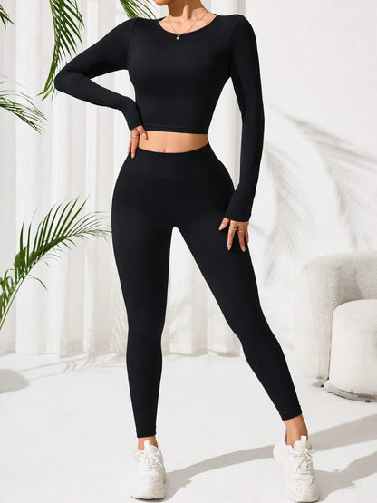 Lace-Up Back Round Neck Top and Leggings Active Set Black - Fashorio