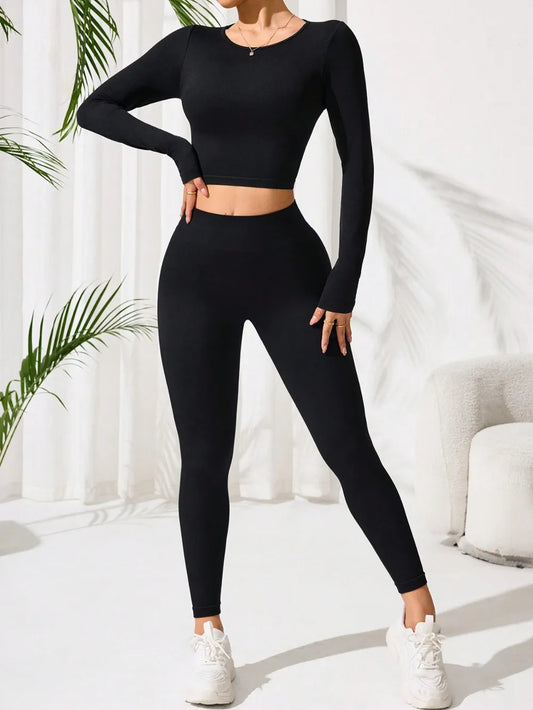 Lace-Up Back Round Neck Top and Leggings Active Set Black - Fashorio