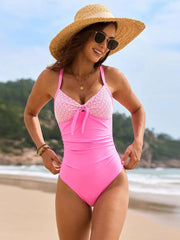 Lace Detail Crisscross Back One-Piece Swimwear Fuchsia Pink - Fashorio