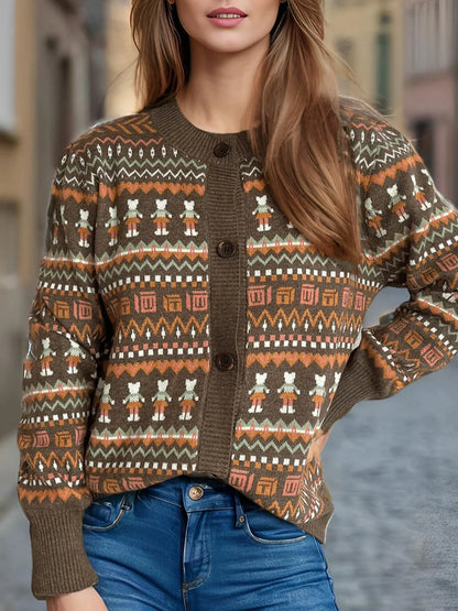 Graphic Button Down Long Sleeve Cardigan Brown One Size - Fashorio