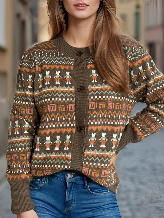 Graphic Button Down Long Sleeve Cardigan Brown One Size - Fashorio