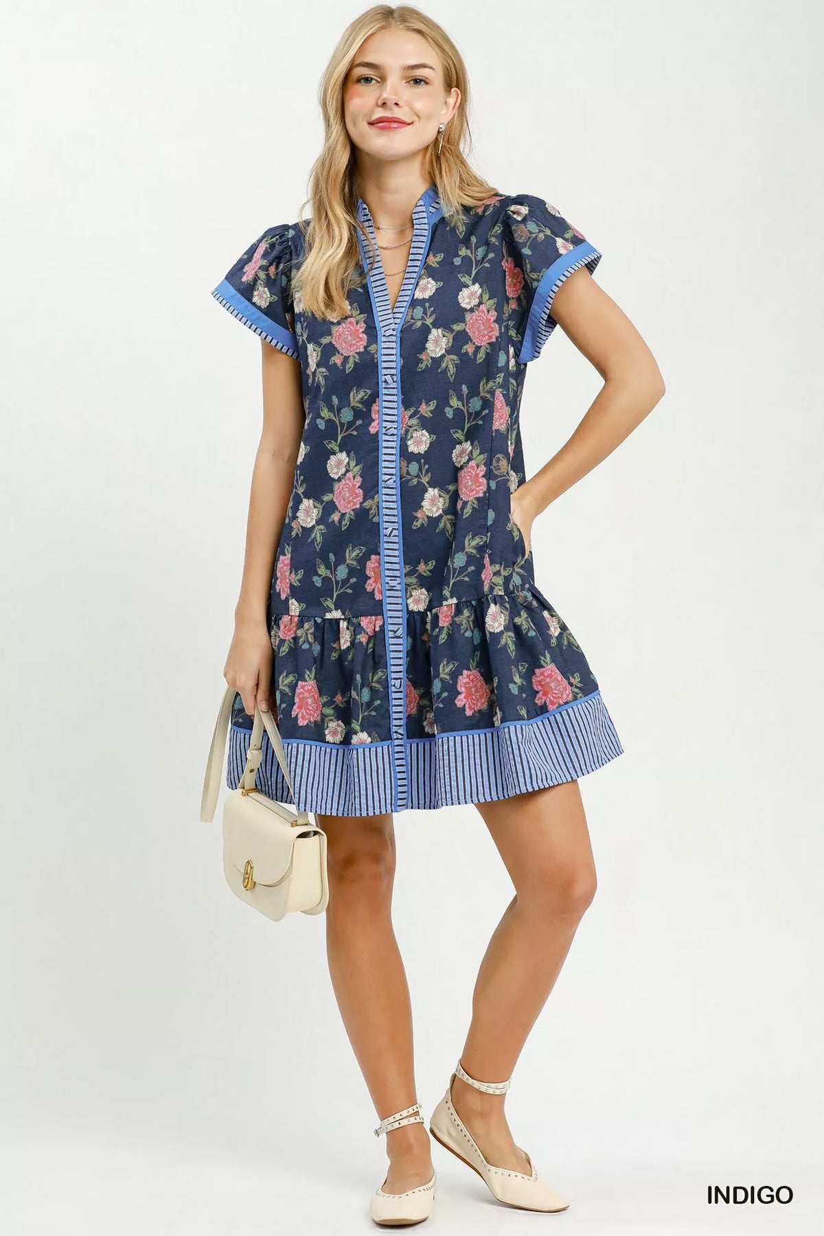 Indigo floral ruffle hem mini dress back view