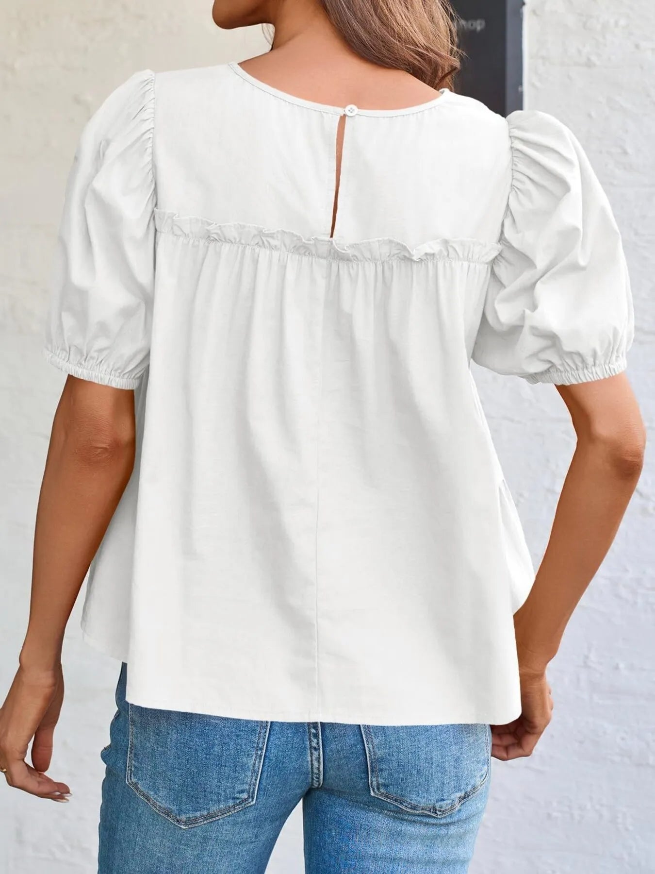 Tiered Round Neck Puff Sleeve Ruched Blouse - Fashorio