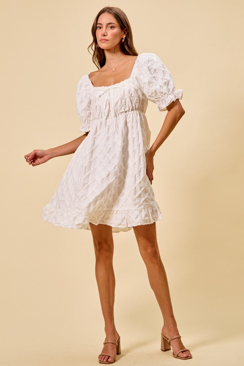 Textured Ruched Bust Mini Dress in Off White view 8