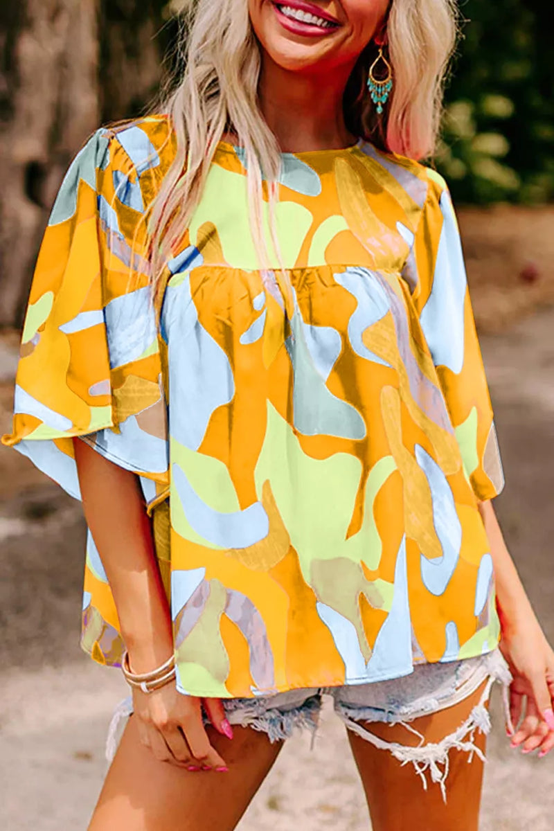 Yellow multicolour abstract print wide sleeve blouse, front view