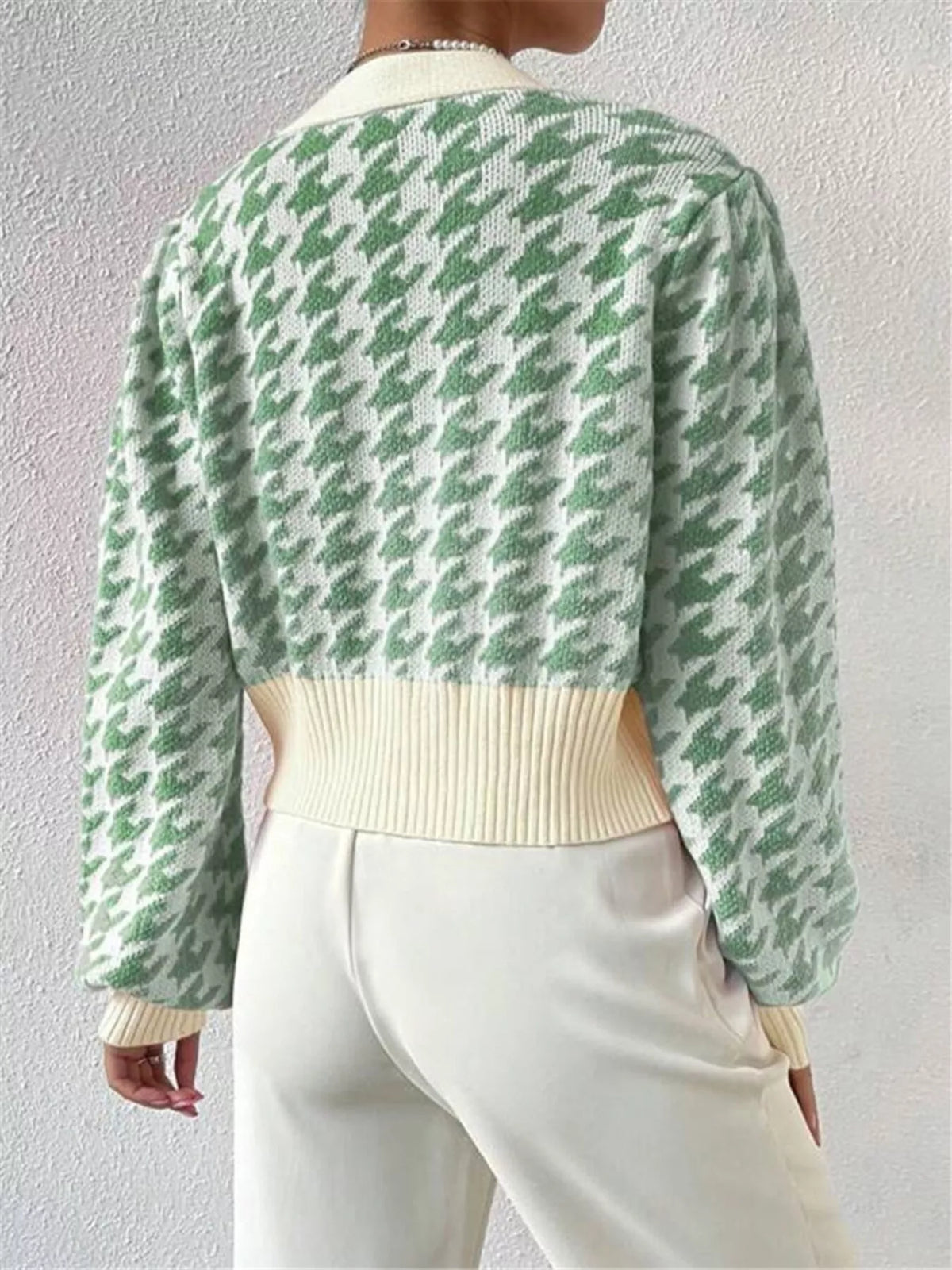 houndstooth v neck button up cardigan knit texture detail