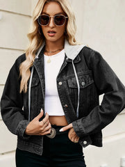 Drawstring Hooded Button Up Denim Jacket Black - Fashorio