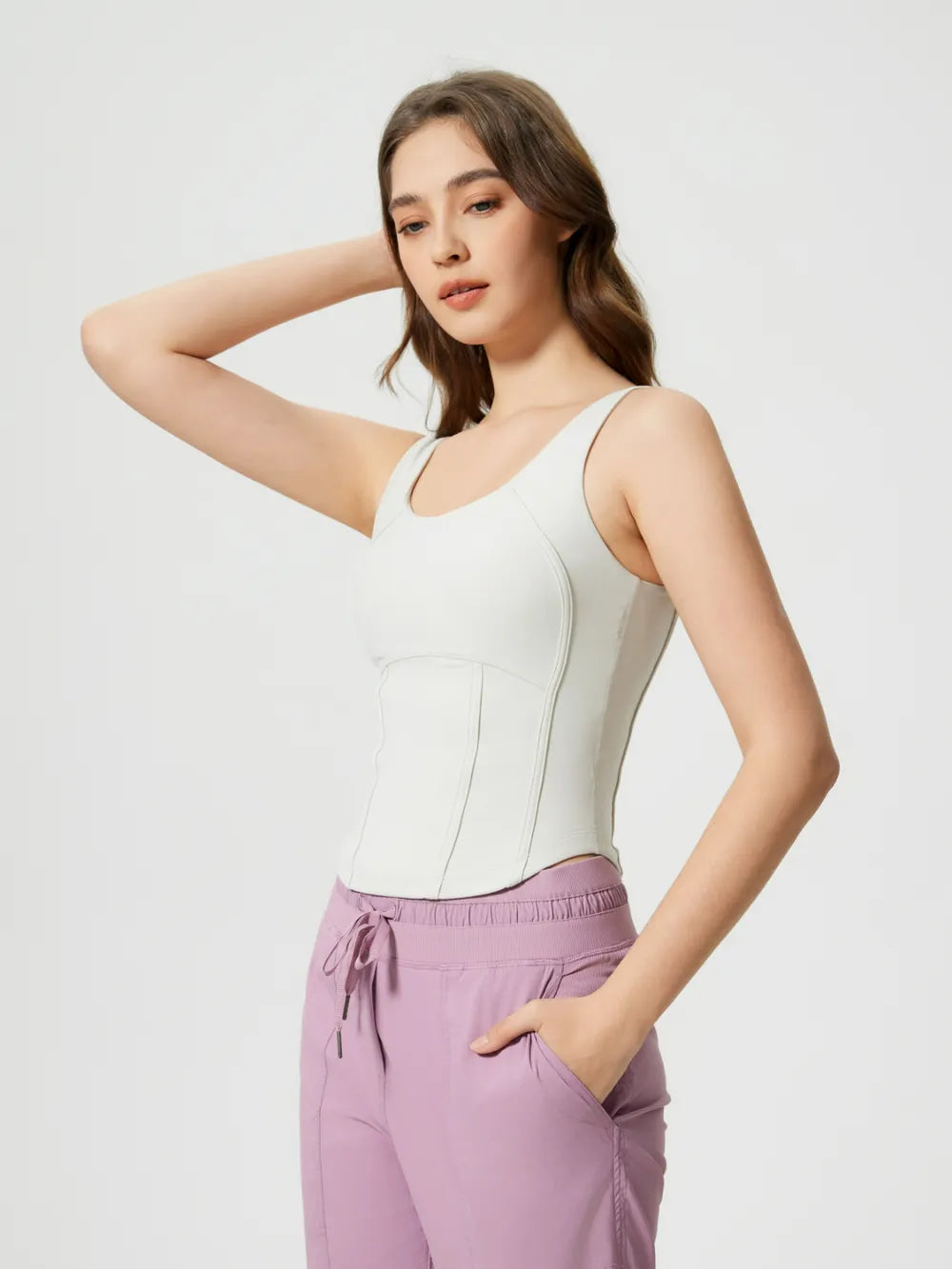 Round neck wide strap padded active tank styled view